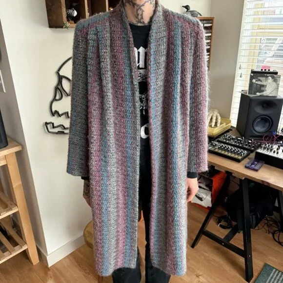 💀 SOLD 💀 Vintage 70s Knit Mohair Blend Long Lined Open Cardigan Sweater Jacket S - Picture 5 of 9